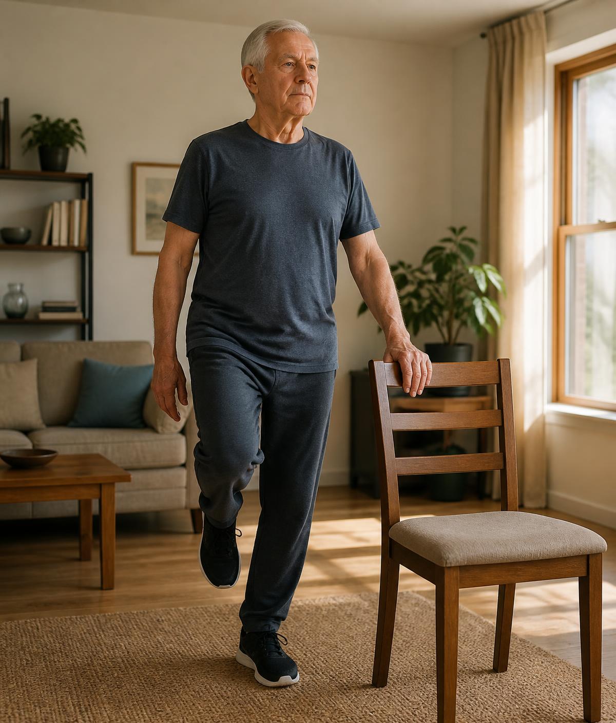 A man in his seventies practising a balance exercise beside a chair
