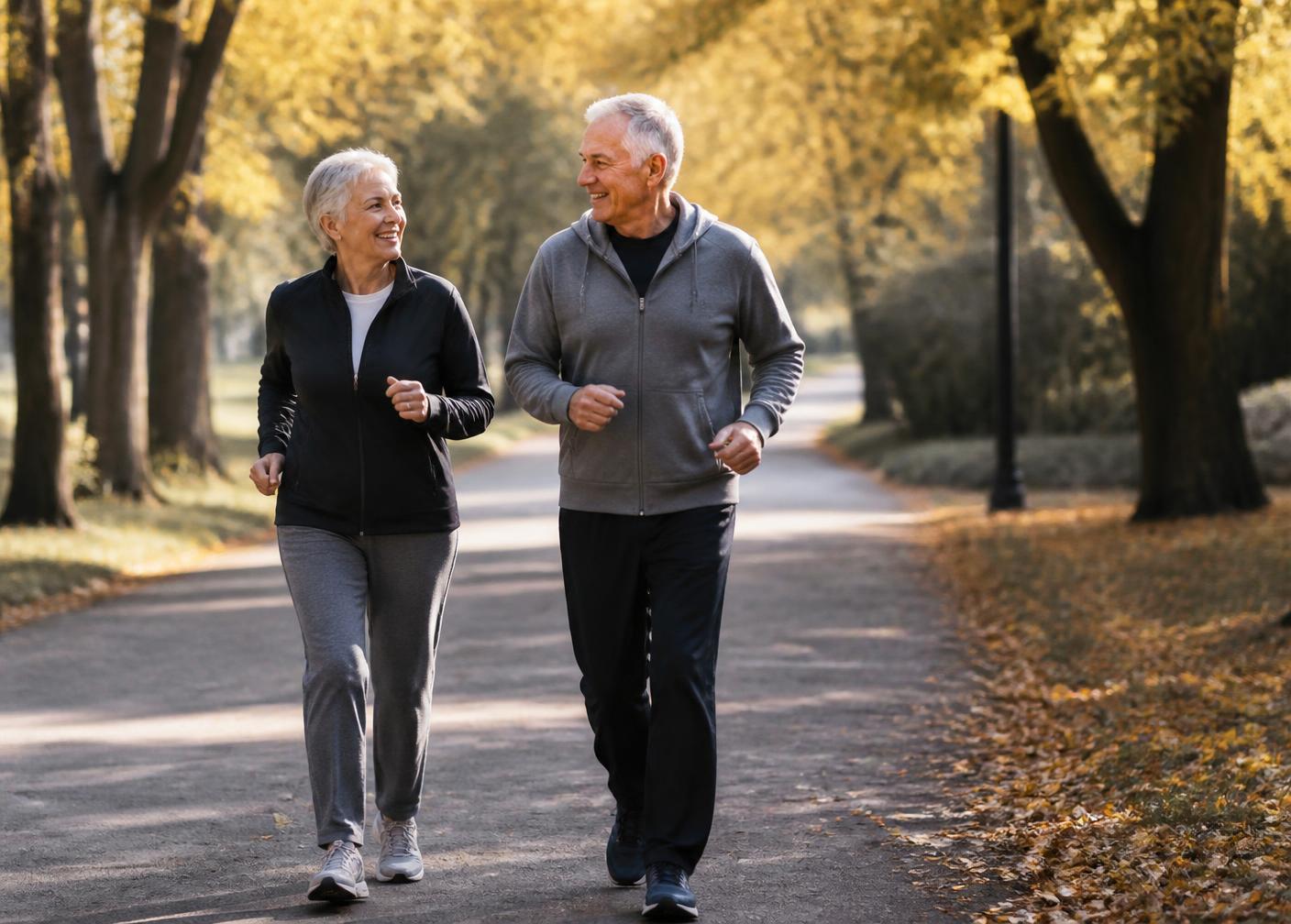 A couple in their sixties walking together on a park path